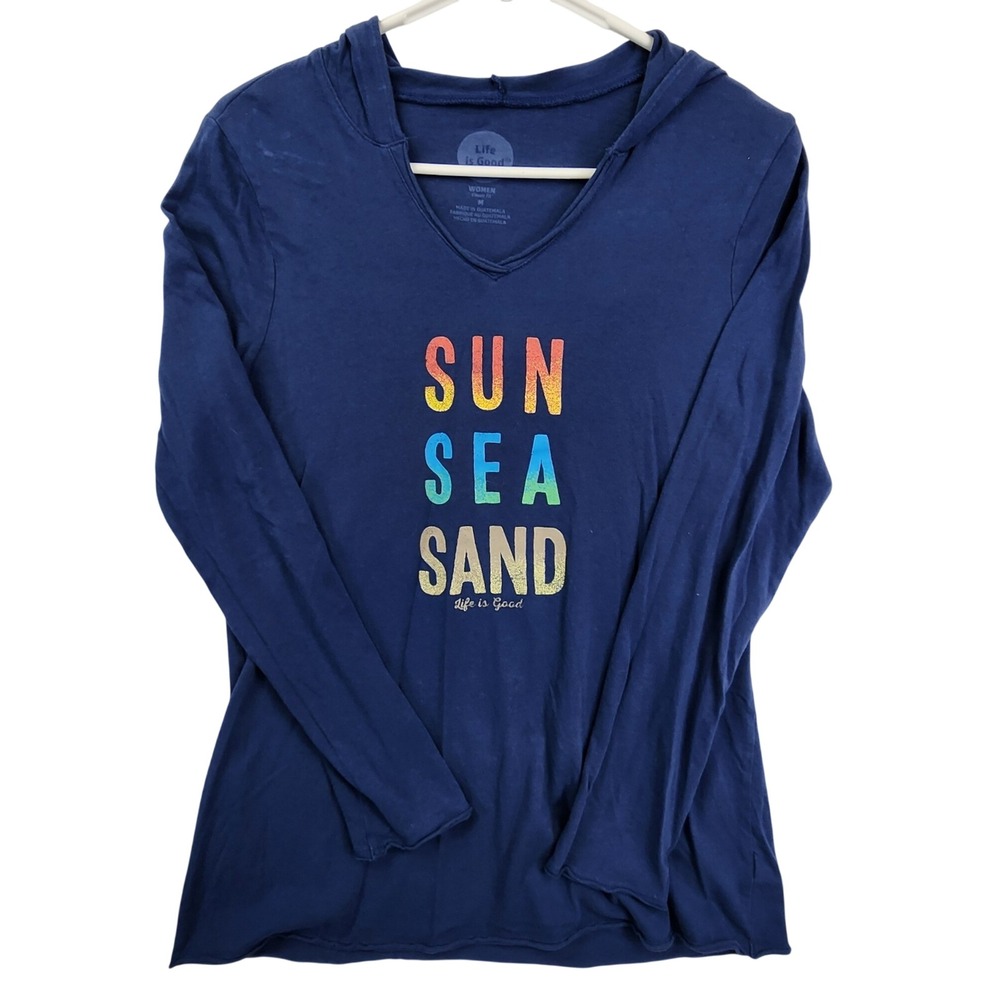 Life is Good Blue Sun Sea Sand Hooded Long Sleeve Tee Beach Coastal Summer Med